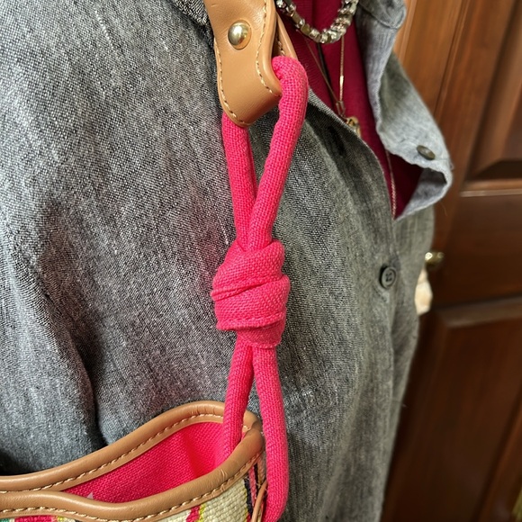 Spartina  Linen natural  shoulder bag   heavy duty  leather trim  hot pink/cream - Picture 7 of 17